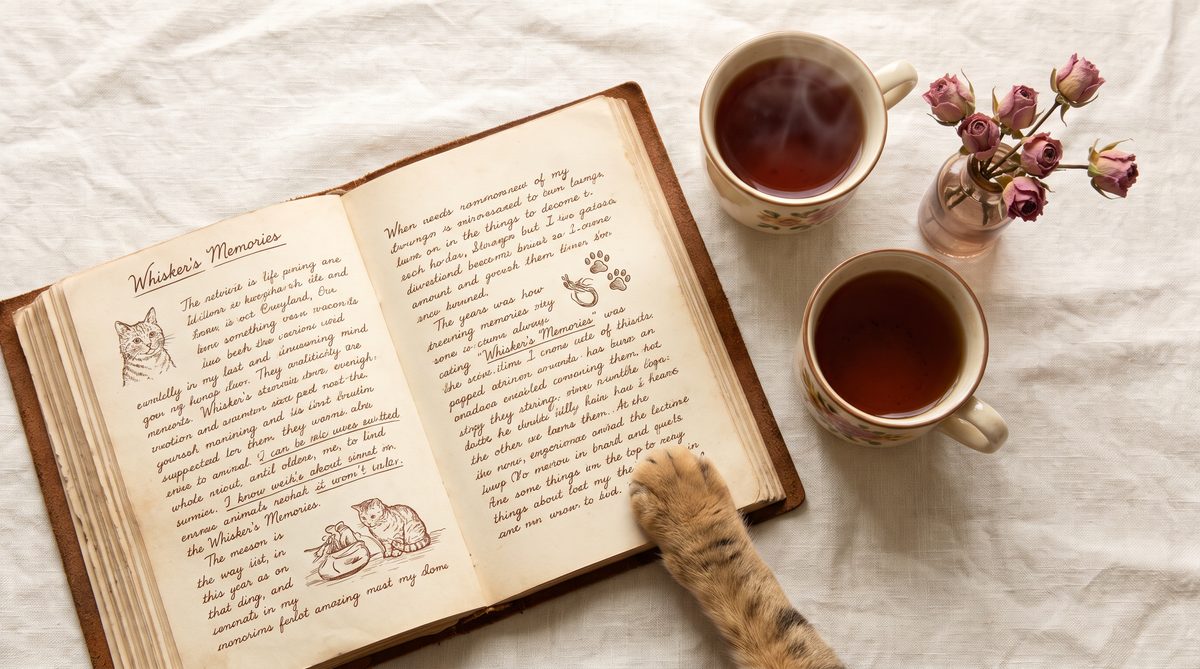 Cozy journal flatlay with cat care notes, tea and dried roses — The Whisperer's Journal by Lynne Ludwig