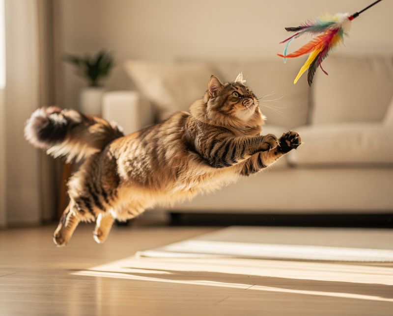 Cat mid-leap chasing feather wand — Da Bird