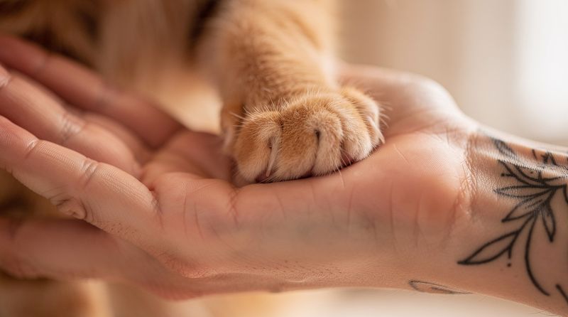 Tiny orange tabby cat paw resting gently in a human hand — the bond The Cat Whisperer honors