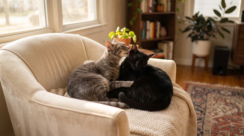 Gray tabby and black cat curled together on a velvet bed — multi-cat household care Tampa FL