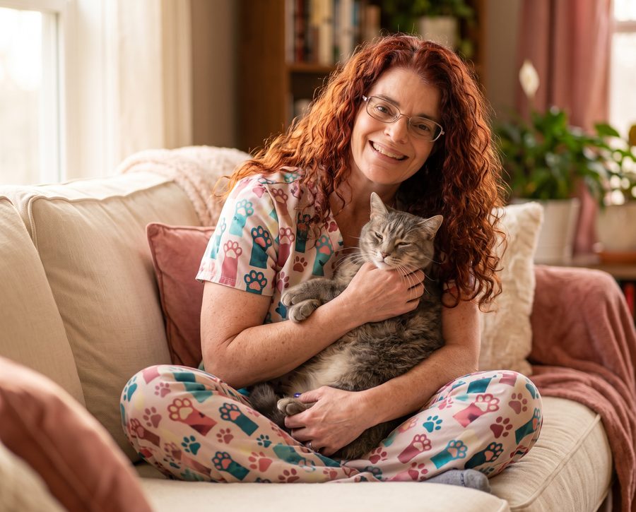 Lynne Ludwig at home with her cat