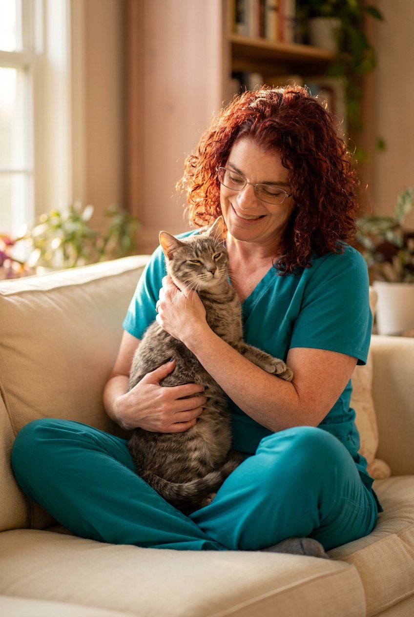 Lynne Ludwig, Tampa cat sitter and The Cat Whisperer, in teal scrubs cradling a gray tabby cat on a cream sofa