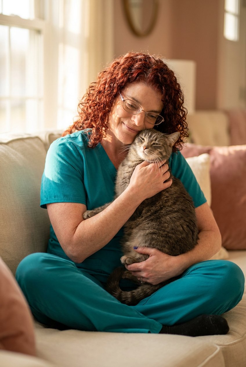 Lynne Ludwig, Tampa veterinary professional and cat whisperer, holding a gray tabby cat