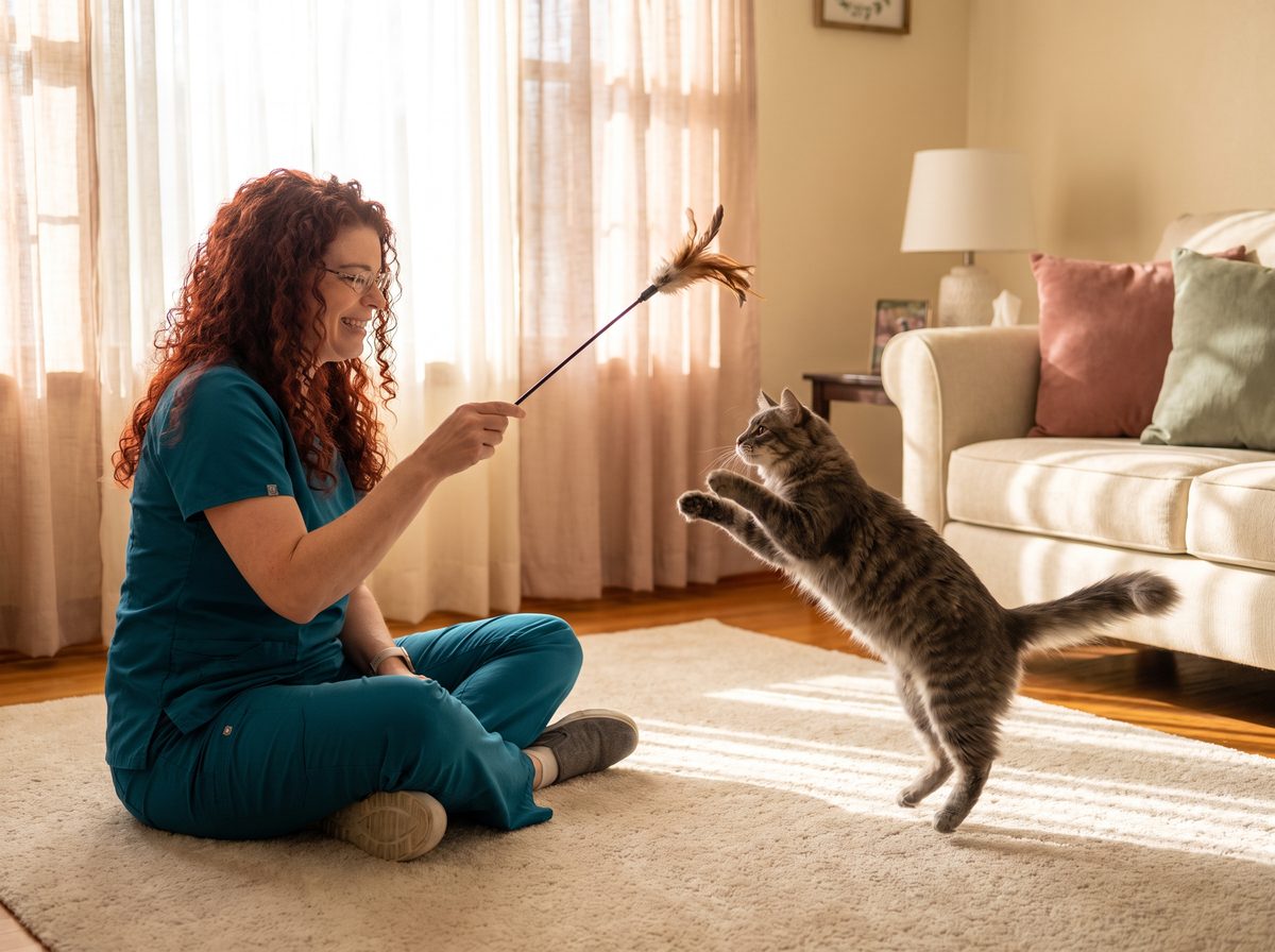 Lynne Ludwig providing in-home cat sitting in Tampa FL — gently playing with a fluffy gray tabby cat