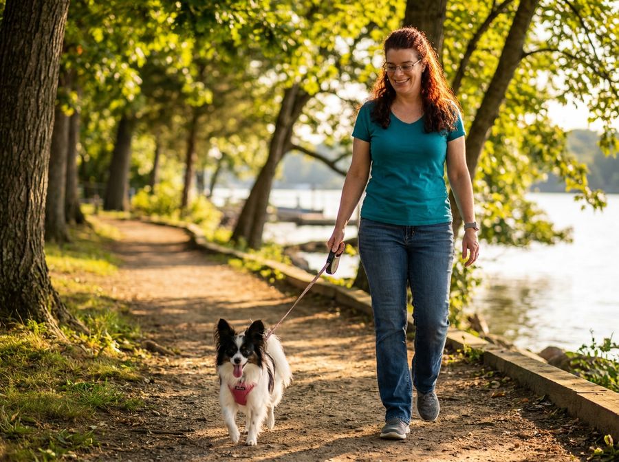 Lynne Ludwig walking a dog in Tampa Florida — professional dog walking service by The Cat Whisperer