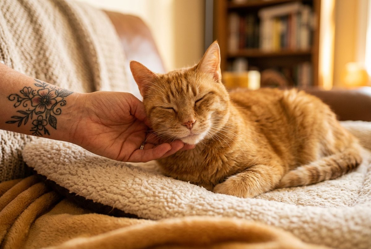 Gentle hands with a senior cat