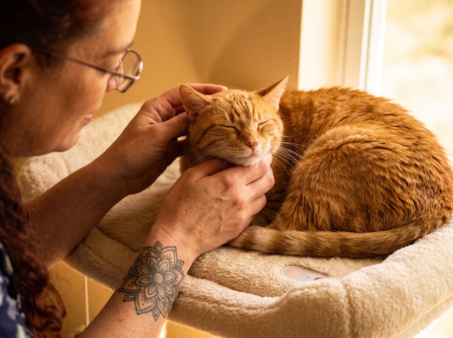 Gentle hands caring for a senior cat — specialized senior pet care by The Cat Whisperer Tampa