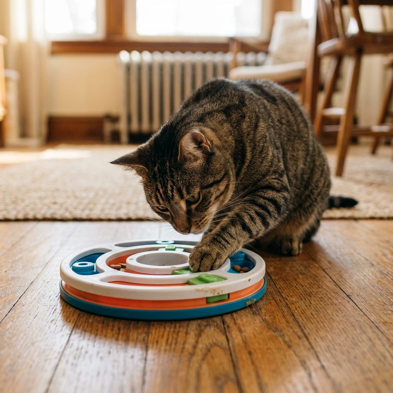 Tabby cat focused on puzzle feeder toy — Doc & Phoebe