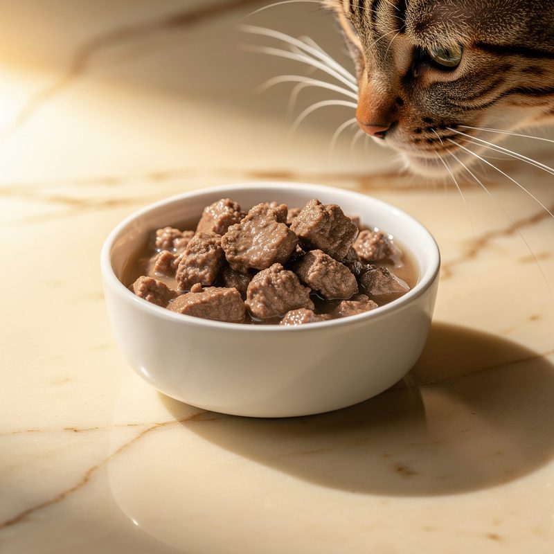 Premium wet cat food in white bowl — Tiki Cat