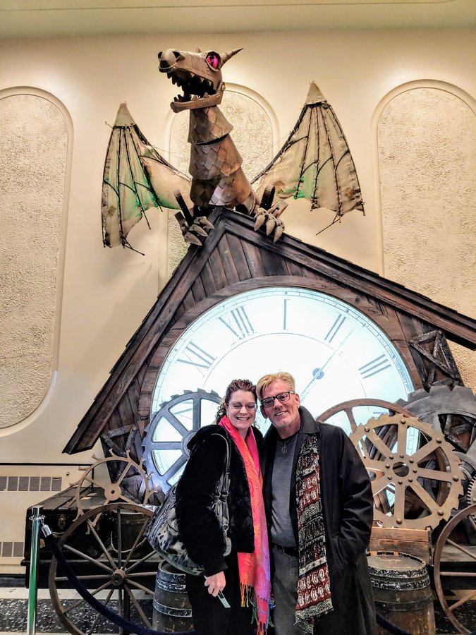 Mark and Lynne together in front of the Wicked set